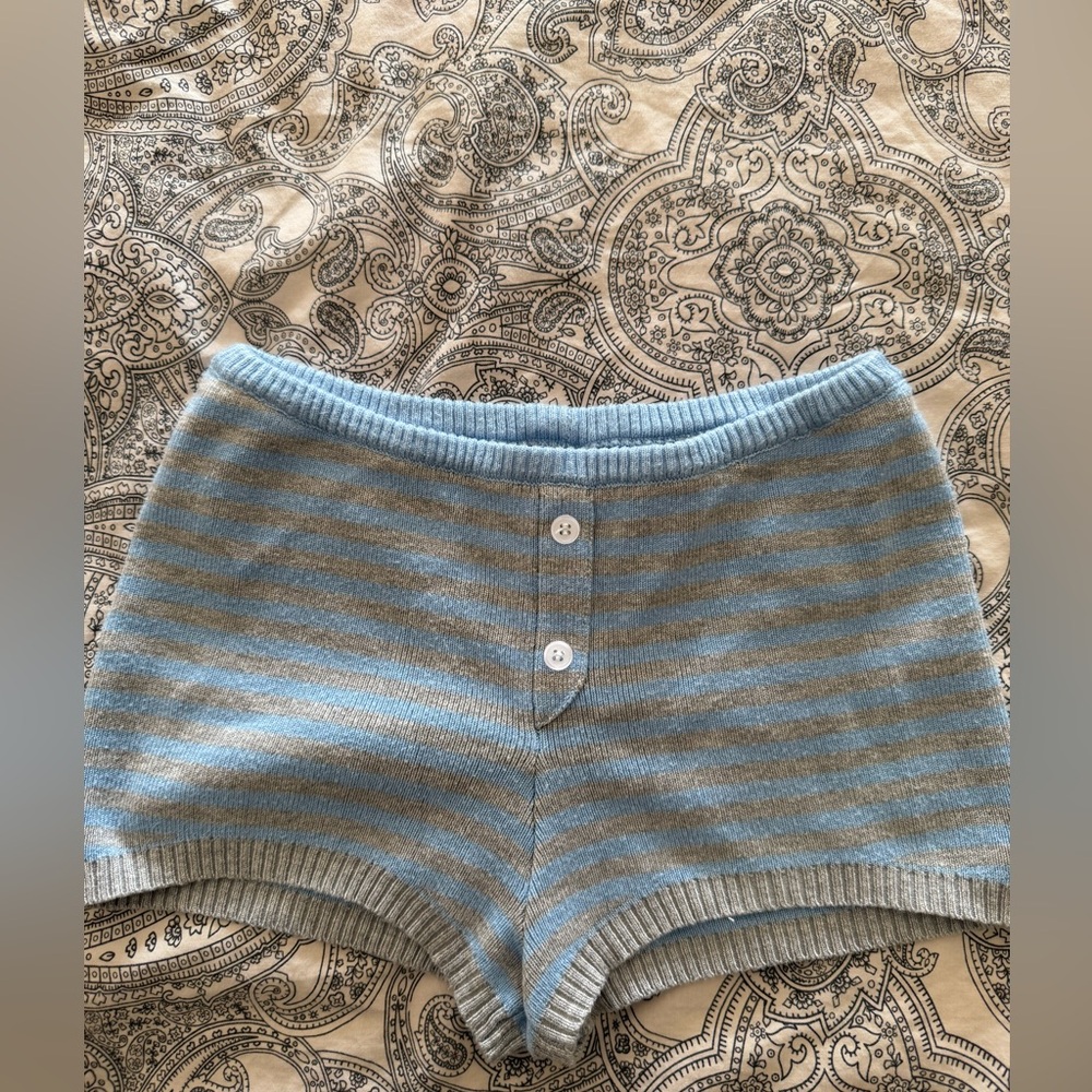 Frankie’s Bikinis Blue and Gray Striped Knit Shorts
